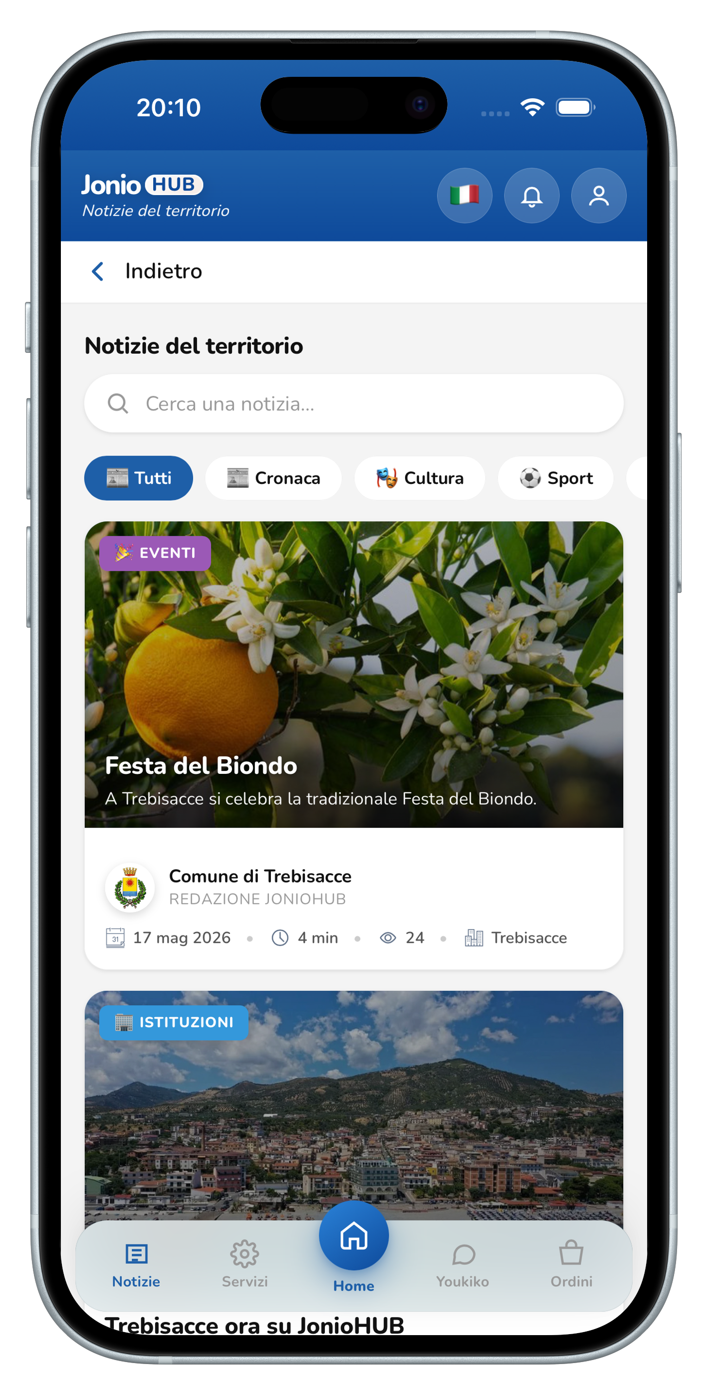 Schermata notizie nell'app JonioHUB